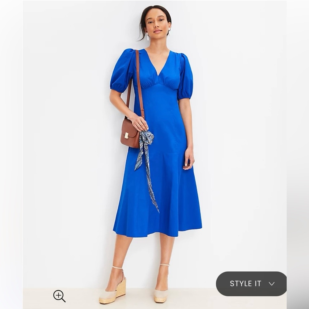 NWT Loft Poplin Tie Back Puff Sleeve Midi Dress